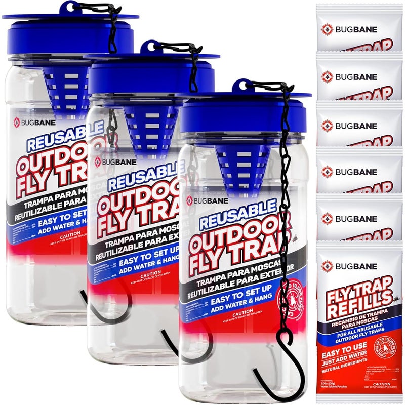 BugBane 3 Fly Traps Outdoor Fly Trap for Patio with 6 Non-Toxic Dissolvable Bait Refills. Reusable Hanging Bug Catcher Killer for All Filth Flies for Outside Bug Control Yard Ranch. Hanging Chains Included - Image 1