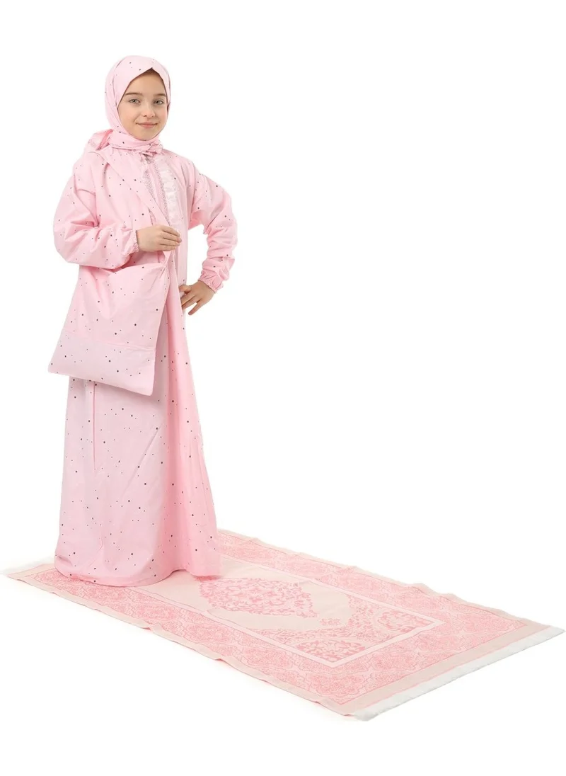 إلانيسا  Girl Child Practical Prayer Dress Set With Bag With Prayer Rug Elastic Sleeve Star Printed