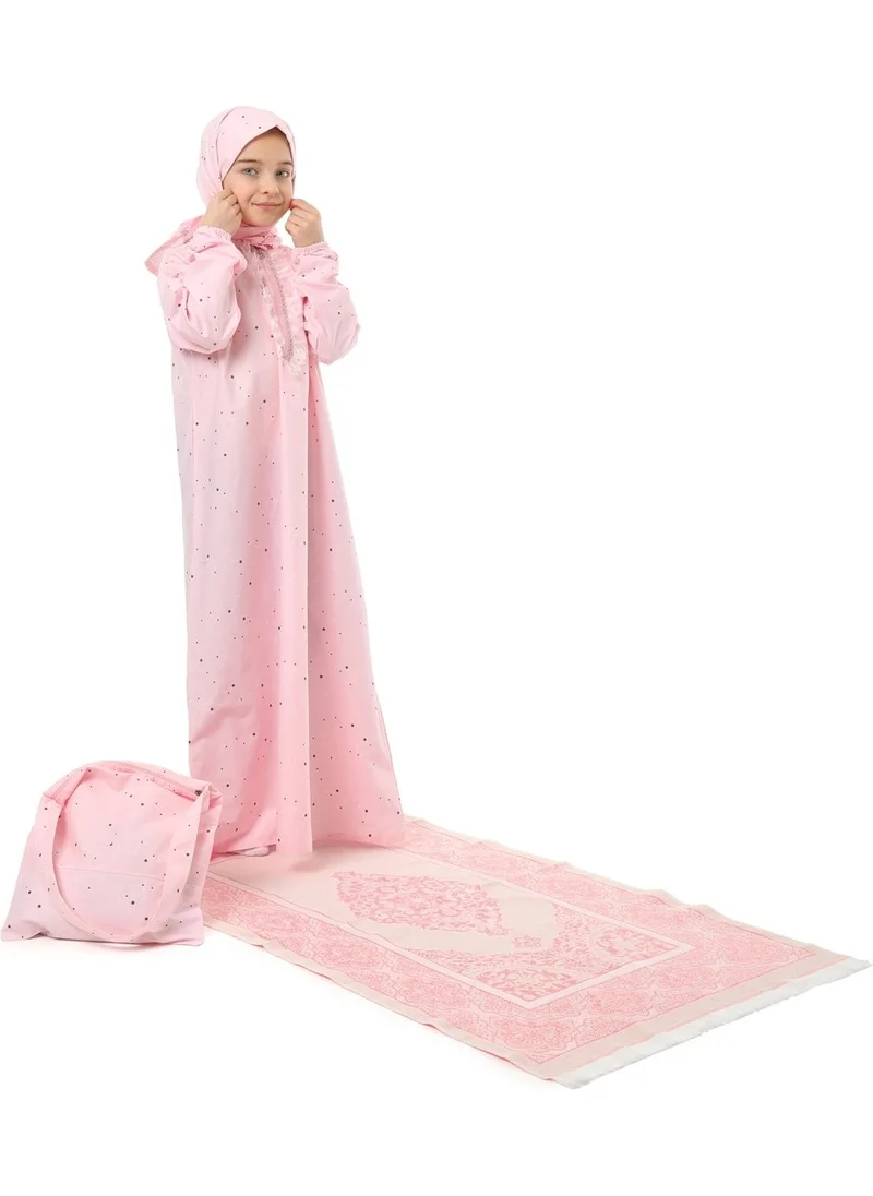 إلانيسا  Girl Child Practical Prayer Dress Set With Bag With Prayer Rug Elastic Sleeve Star Printed