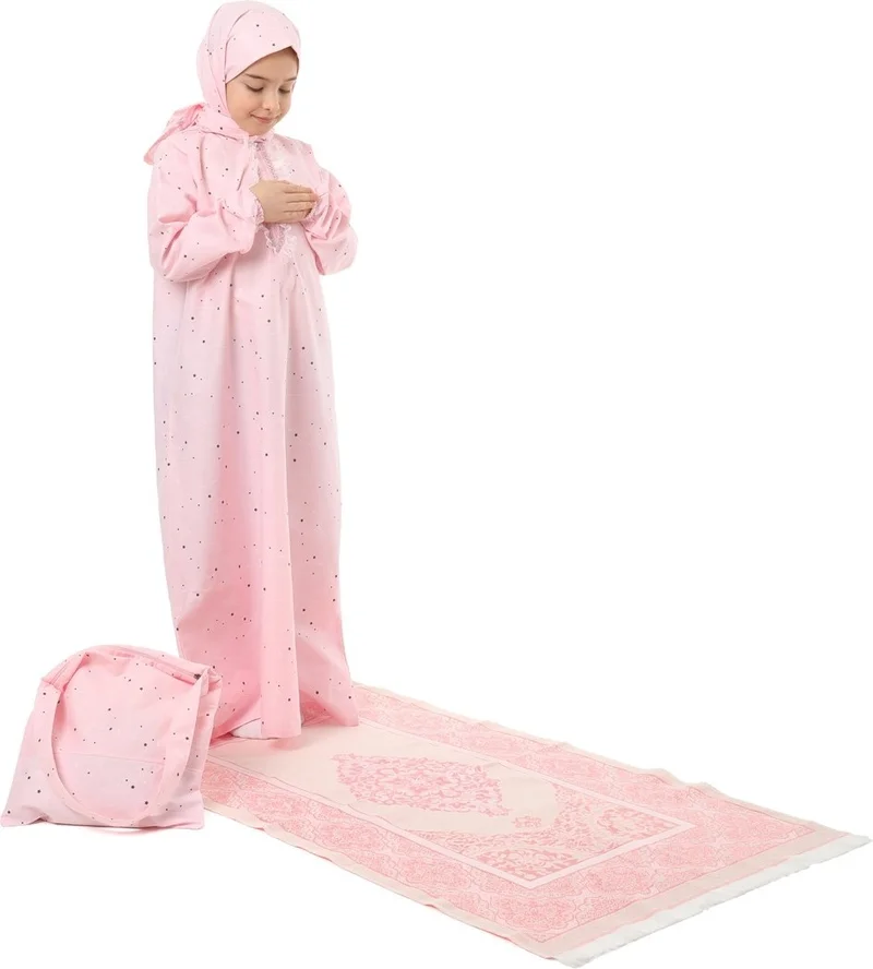 Elanesa  Girl Child Practical Prayer Dress Set With Bag With Prayer Rug Elastic Sleeve Star Printed