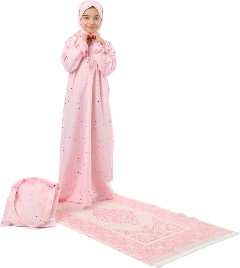 Elanesa  Girl Child Practical Prayer Dress Set With Bag With Prayer Rug Elastic Sleeve Star Printed
