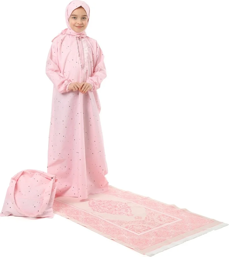 Elanesa  Girl Child Practical Prayer Dress Set With Bag With Prayer Rug Elastic Sleeve Star Printed