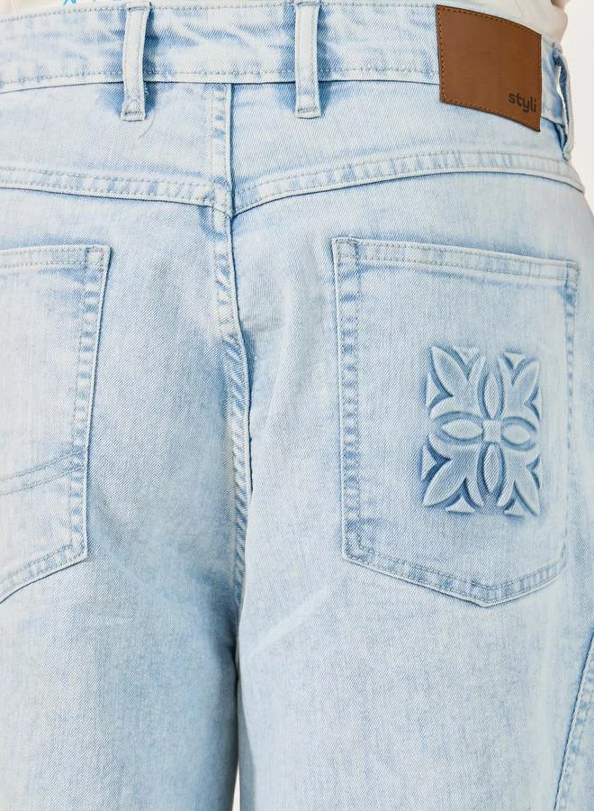 Styli Mid Rise Denim Shorts with Frayed Hem Detail