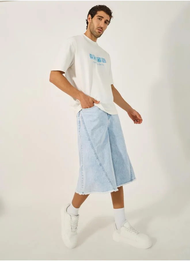 Styli Mid Rise Denim Shorts with Frayed Hem Detail