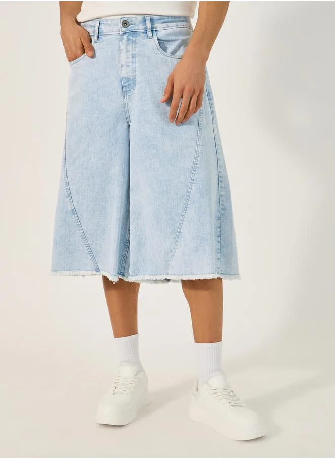 Styli Mid Rise Denim Shorts with Frayed Hem Detail