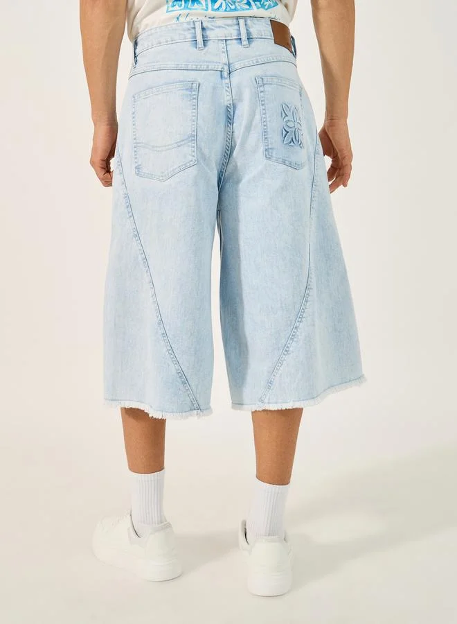 Styli Mid Rise Denim Shorts with Frayed Hem Detail