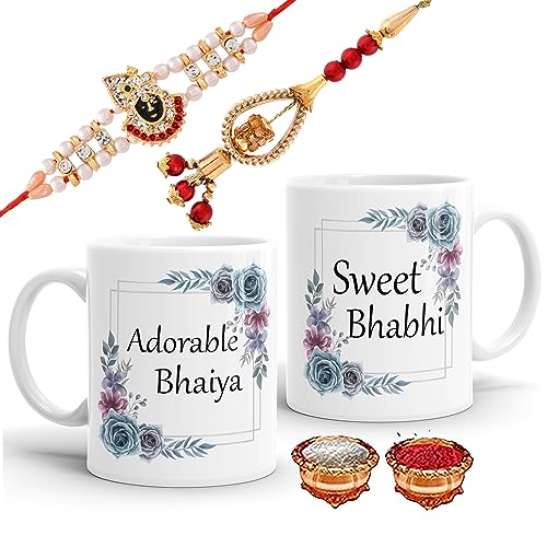 Gift Arcadia Rakhi for Brother and Bhabhi with Mug Gift Combo, Rakhi with Mug for Bhaiya Bhabhi, Rakshabandhan Gift for Couple, 330ml (RCOM016) - Image 1