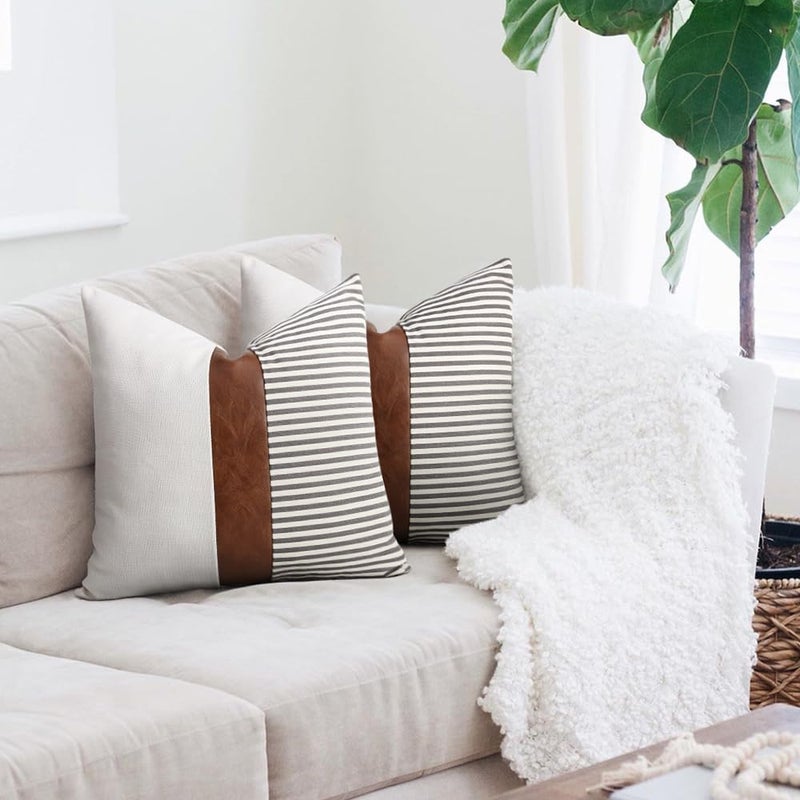 cygnus Set of 2 Farmhouse Decor Stripe Patchwork Linen Throw Pillow Covers,Modern Tan Faux Leather Accent Pillow Covers 18x18 inch, Gray - Image 3