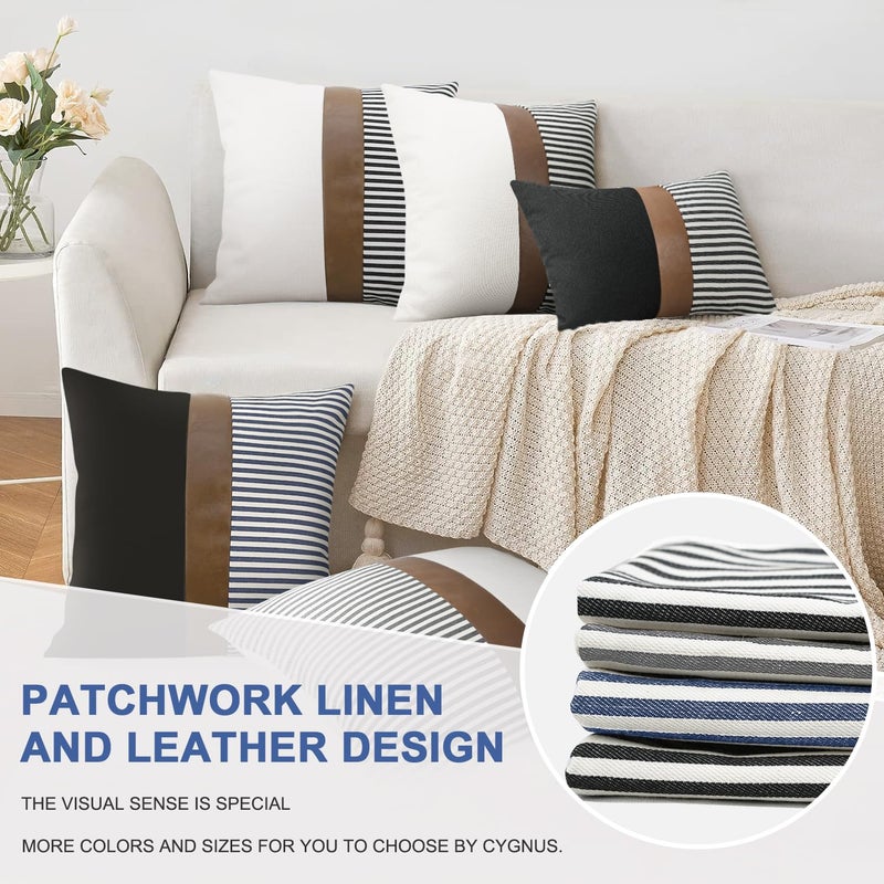cygnus Set of 2 Farmhouse Decor Stripe Patchwork Linen Throw Pillow Covers,Modern Tan Faux Leather Accent Pillow Covers 18x18 inch, Gray - Image 5