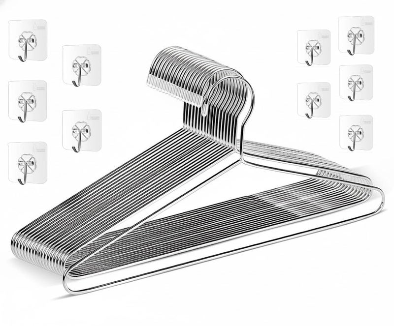 PulGos 12 Metal Clothes Hanger + 10 Pack Transparent Single Hooks Combo |Rust Free & Heavy Duty |Non-Slip| Lightweight & Durable |Smooth Finish Design| Space-Saving Wardrobe & Closet Organizer Hangers - Image 1