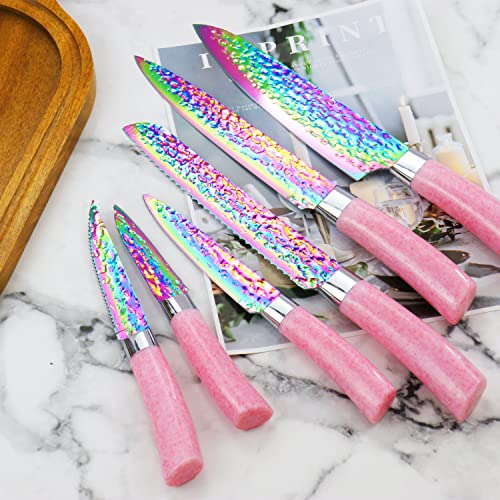 WopZra Rainbow Titanium Knife Set, Non Stick Thick and Sharp Stainless Steel 15 Pcs Cutlery Kitchen Knives Set with Acrylic Block, Chef Quality for Home & Pro Use, Best Gift, Pink Color - Image 5