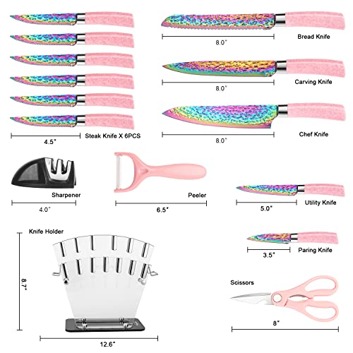 WopZra Rainbow Titanium Knife Set, Non Stick Thick and Sharp Stainless Steel 15 Pcs Cutlery Kitchen Knives Set with Acrylic Block, Chef Quality for Home & Pro Use, Best Gift, Pink Color - Image 2