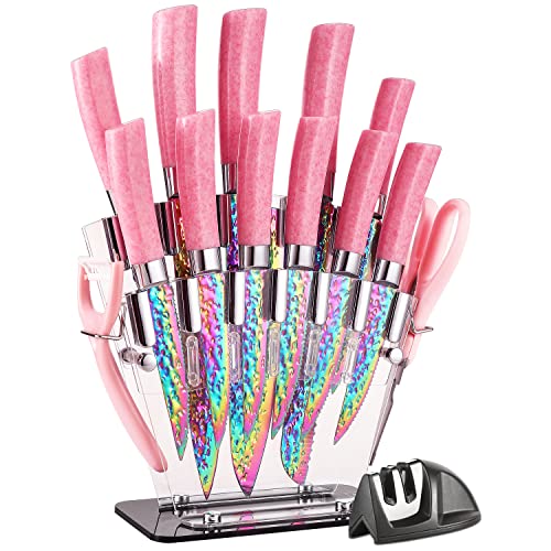 WopZra Rainbow Titanium Knife Set, Non Stick Thick and Sharp Stainless Steel 15 Pcs Cutlery Kitchen Knives Set with Acrylic Block, Chef Quality for Home & Pro Use, Best Gift, Pink Color - Image 1