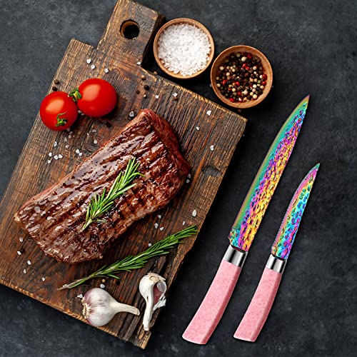 WopZra Rainbow Titanium Knife Set, Non Stick Thick and Sharp Stainless Steel 15 Pcs Cutlery Kitchen Knives Set with Acrylic Block, Chef Quality for Home & Pro Use, Best Gift, Pink Color - Image 4