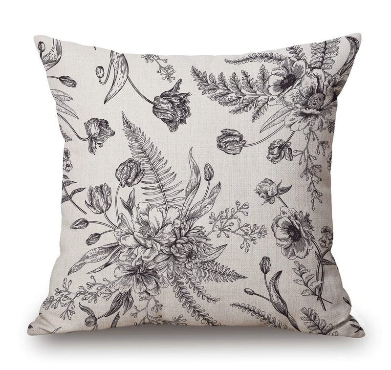Floral Pattern Bouquets of Spring Flowers Black and White Cotton Linen Square Throw Waist Pillow Case Decorative Cushion Cover Pillowcase Sofa 18x 18