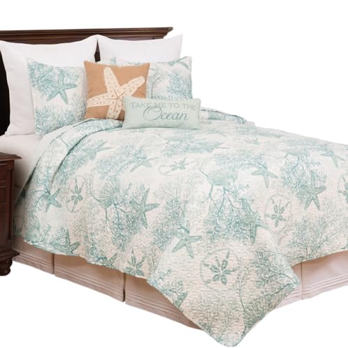 C&F Home Ocean Treasures Blue Starfish Sand Dollar Twin Bed Quilt Set All Seasons Summer Seashell Coral Beach House Reversible Lightweight Coverlet Comforter Nautical Bedroom Bedding Decor Decoration - Image 1