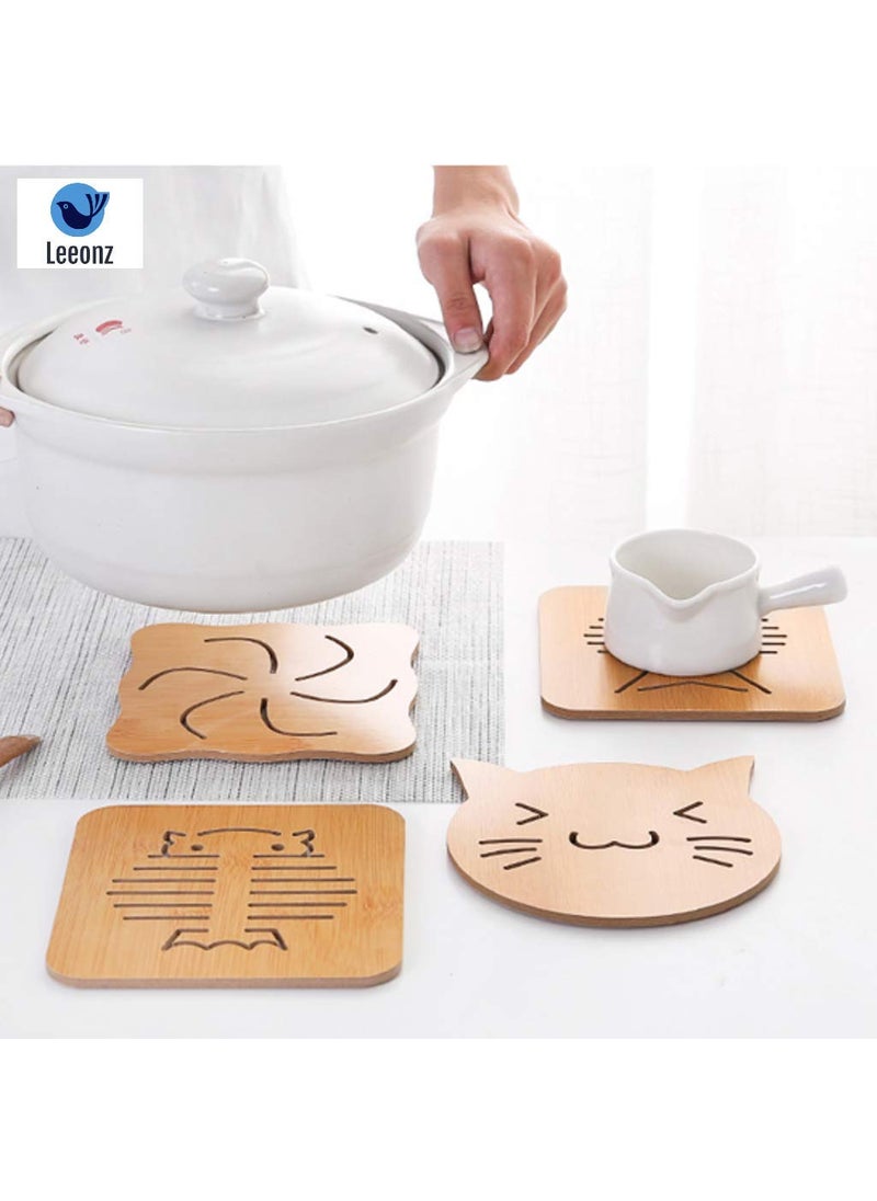 Leeonz Leeonz Coasters for Drinks, Household Multifunctional Round/Square Dining Table Insulation Pad Non-Slip Placemat Bamboo Thickened Anti-Scalding Pot Bowl Plate Pad (Wood Big-Random Pattern, Set of 4)  - Image 1