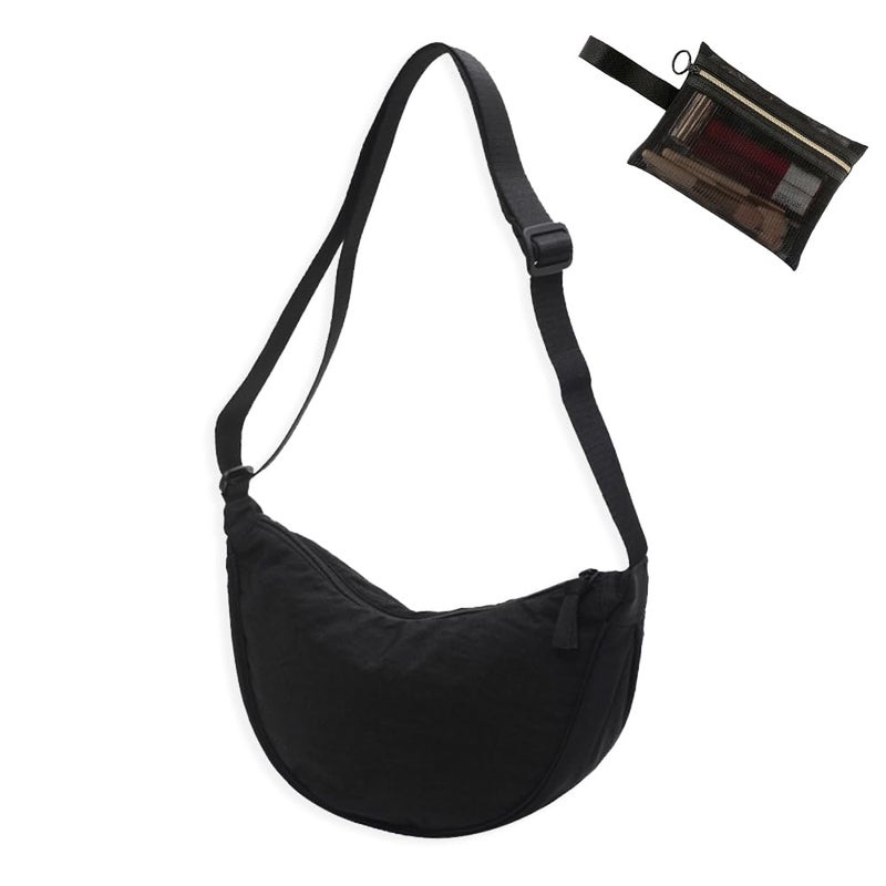OHHMNKK Crossbody Bag Hobo Crescent Bag with Mesh Storage, Women Men Shoulder Purse Dumpling Bag Adjustable Strap (Black) - Image 1