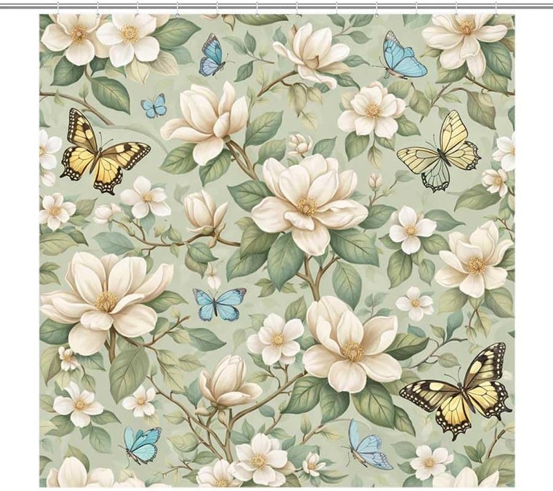 Floral and Butterfly Pattern Design-3Shower Curtain for Bathroom Waterproof Tan Shower Curtain with Hooks 71 inch x 71 inch - Image 1