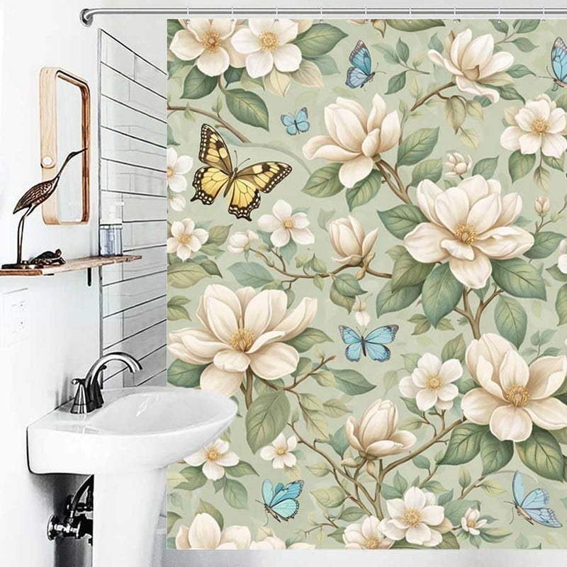 Floral and Butterfly Pattern Design-3Shower Curtain for Bathroom Waterproof Tan Shower Curtain with Hooks 71 inch x 71 inch - Image 4
