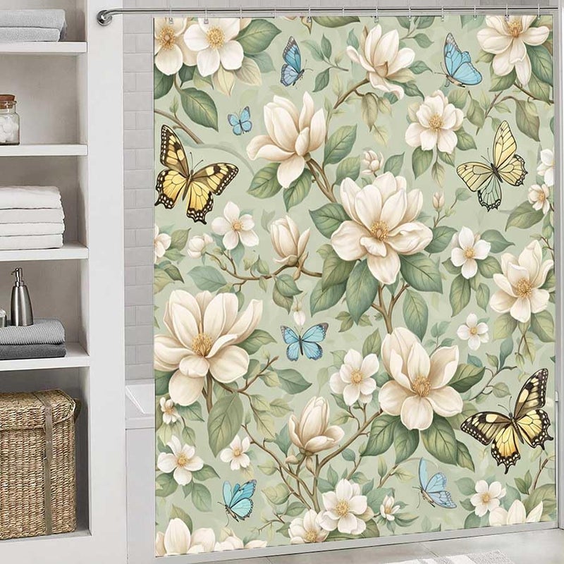 Floral and Butterfly Pattern Design-3Shower Curtain for Bathroom Waterproof Tan Shower Curtain with Hooks 71 inch x 71 inch - Image 2