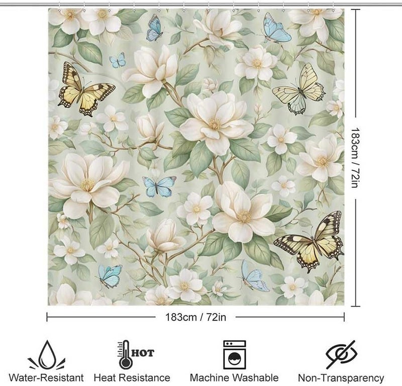 Floral and Butterfly Pattern Design-3Shower Curtain for Bathroom Waterproof Tan Shower Curtain with Hooks 71 inch x 71 inch - Image 3
