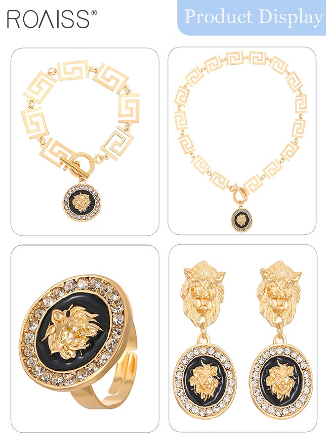 رويس مجموعة مجوهرات أنيقة من 5 قطع على شكل رأس أسد للنساء، قلادة دائرية على شكل رأس أسد، أقراط وسوار مزين بأحجار الراين، إكسسوارات مجوهرات لحفلات الزفاف والرقص، كهدية للسيدات - Image 4