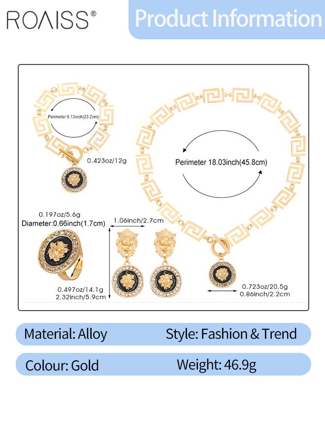 رويس مجموعة مجوهرات أنيقة من 5 قطع على شكل رأس أسد للنساء، قلادة دائرية على شكل رأس أسد، أقراط وسوار مزين بأحجار الراين، إكسسوارات مجوهرات لحفلات الزفاف والرقص، كهدية للسيدات - Image 2