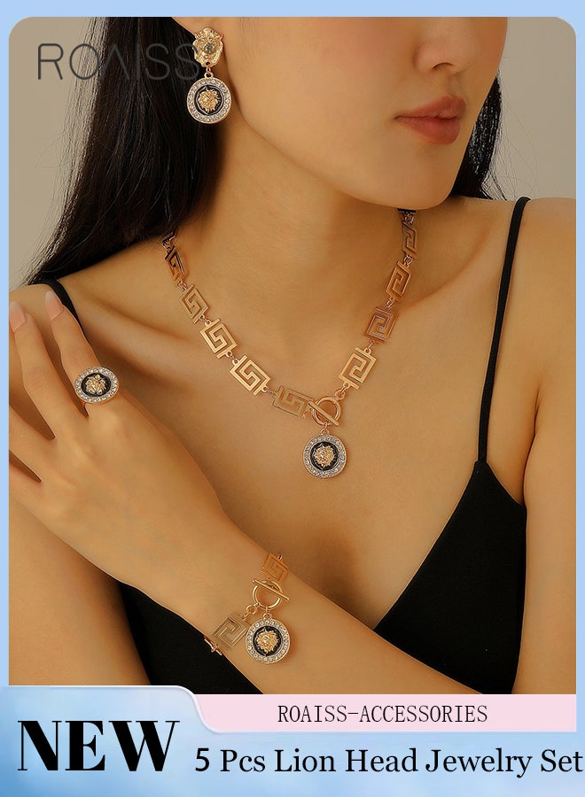 رويس مجموعة مجوهرات أنيقة من 5 قطع على شكل رأس أسد للنساء، قلادة دائرية على شكل رأس أسد، أقراط وسوار مزين بأحجار الراين، إكسسوارات مجوهرات لحفلات الزفاف والرقص، كهدية للسيدات - Image 1