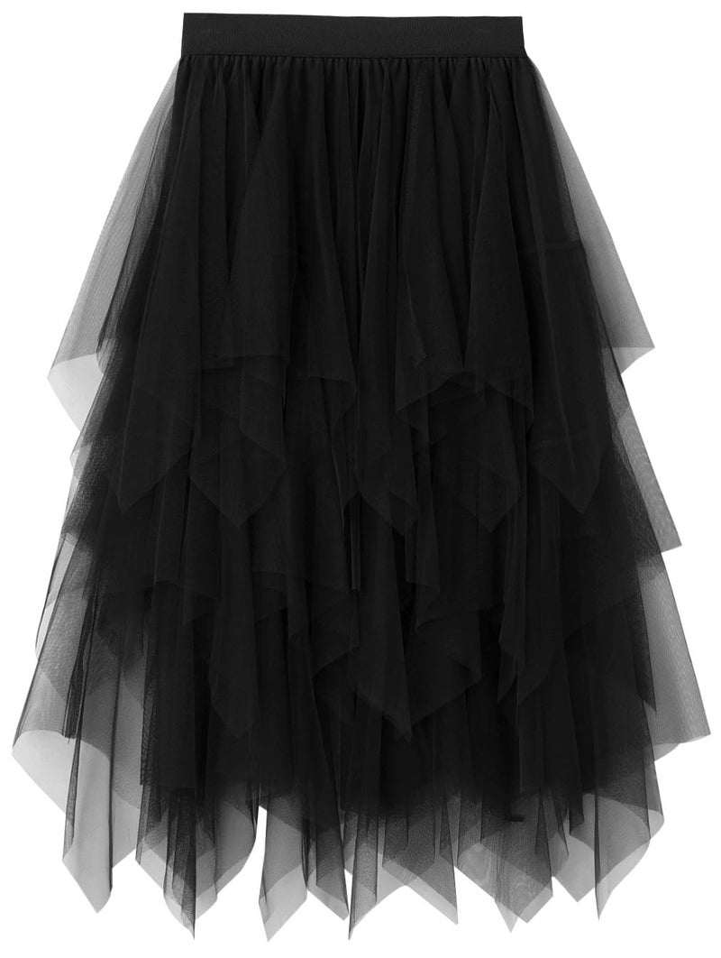 Reaowazo Tulle Skirts for Women Midi Long Fairy Skirt Tutu A-Line Mesh Layered High Elastic Waist Halloween Skirts Black One Size - Image 1