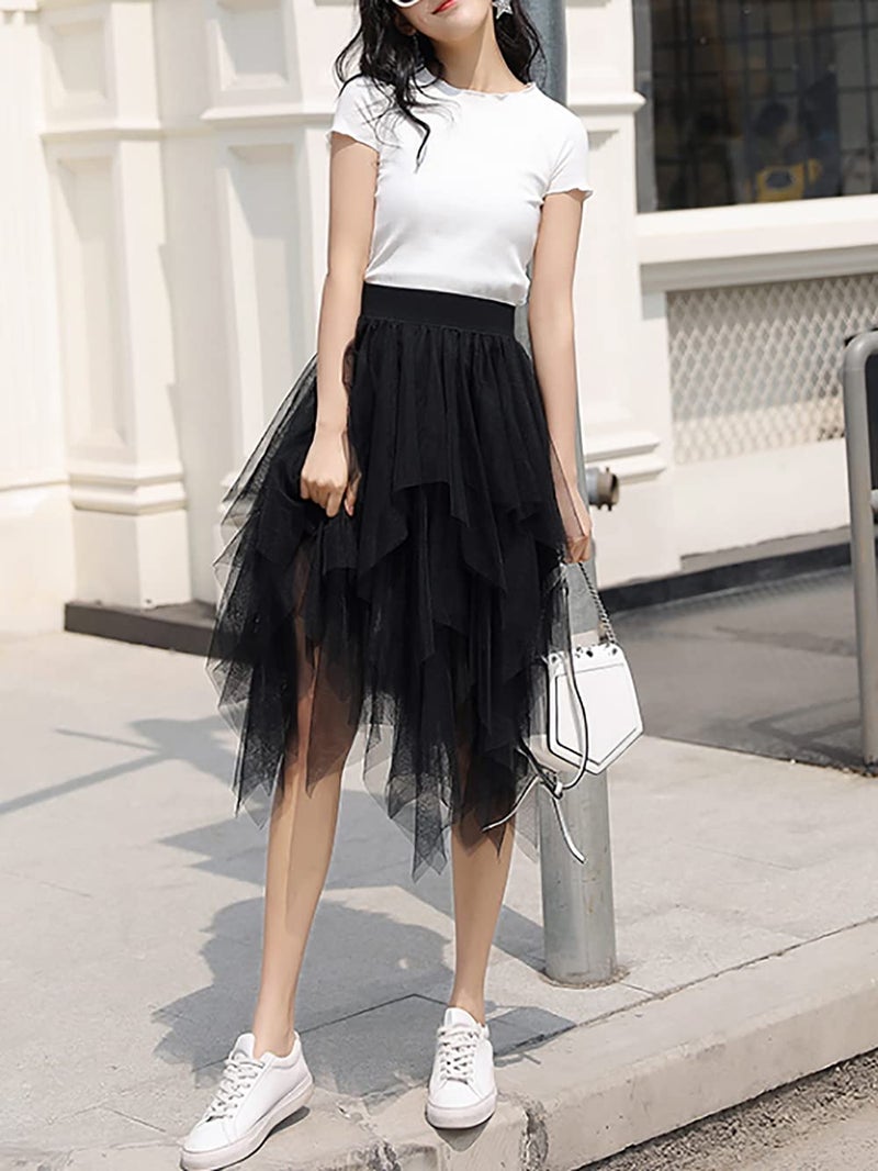 Reaowazo Tulle Skirts for Women Midi Long Fairy Skirt Tutu A-Line Mesh Layered High Elastic Waist Halloween Skirts Black One Size - Image 3