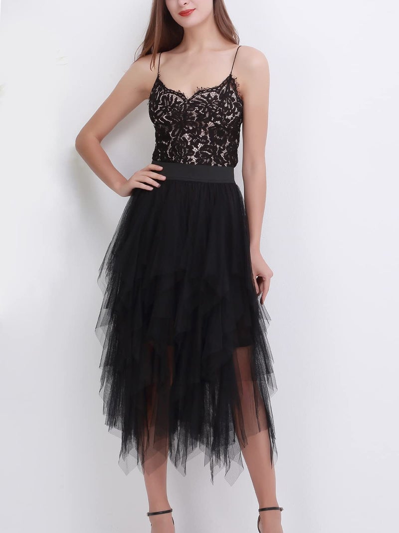 Reaowazo Tulle Skirts for Women Midi Long Fairy Skirt Tutu A-Line Mesh Layered High Elastic Waist Halloween Skirts Black One Size - Image 2