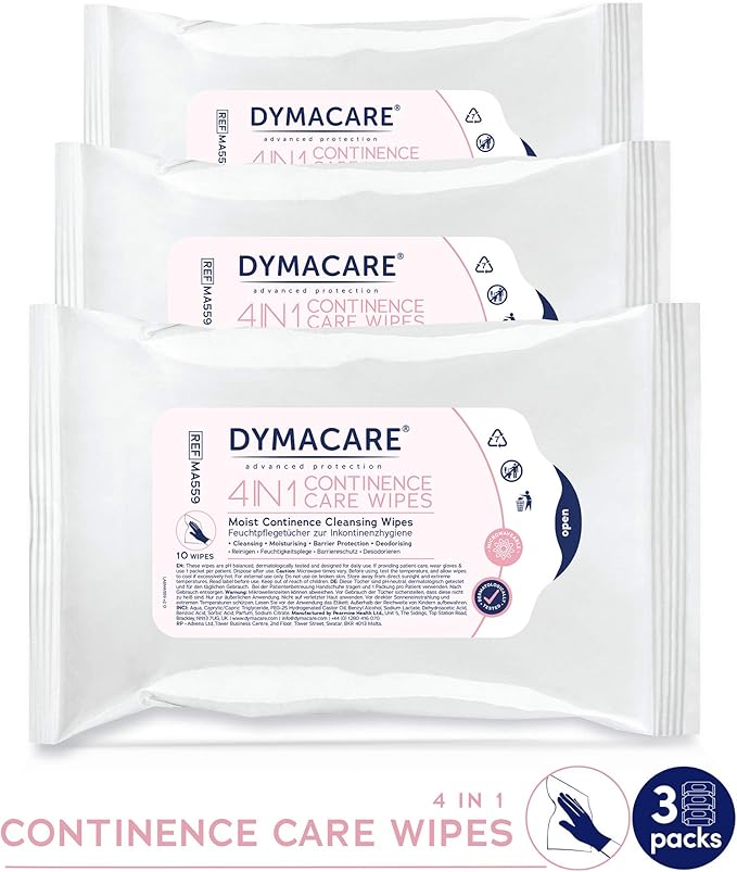 DYMACARE 4 in 1 Continence Care Wipes 10s Adult Scented Premium Incontinence Cloths Skin Cleansing Wipes with Barrier Protection 10 Packs of 10 Wipes 100 Wipes