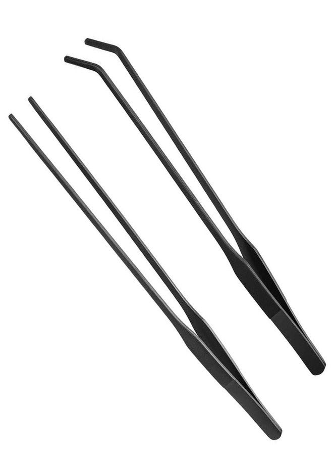 Wenplus 2PCS Aquarium Tweezers Stainless Steel Straight and Curved Tweezers Set Long Handle Reptile Feeding Tongs for Aquatic Plants Lizards Spider Snakes Garden Repairing - 10.6inch, Black - Image 1