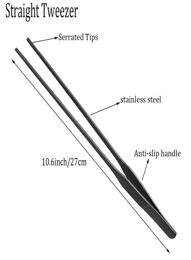 Wenplus 2PCS Aquarium Tweezers Stainless Steel Straight and Curved Tweezers Set Long Handle Reptile Feeding Tongs for Aquatic Plants Lizards Spider Snakes Garden Repairing - 10.6inch, Black - Image 3