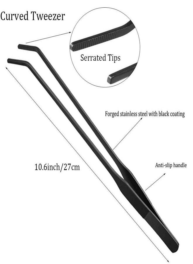 Wenplus 2PCS Aquarium Tweezers Stainless Steel Straight and Curved Tweezers Set Long Handle Reptile Feeding Tongs for Aquatic Plants Lizards Spider Snakes Garden Repairing - 10.6inch, Black - Image 2
