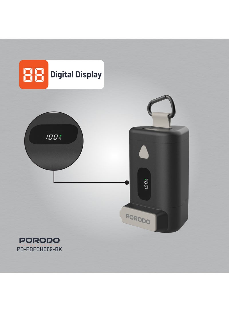 porodo 15000mAh Power Bank PD 65W Fast Charging 15000 mAh with a 70cm Retractable Type-C Cable & Built-In Safeguards / Digital Display Powerbank - Black - Image 3