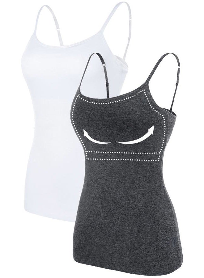 ATTRACO Women's Cotton Camisole Shelf Bra Spaghetti Straps Tank Top 2 Packs, White/ Grey, L - Image 1