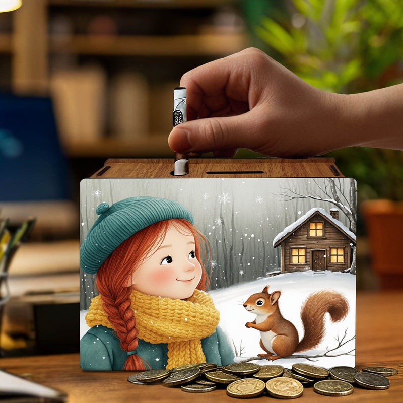 Decorated Handmade Wooden Penny Bank with Winter Snow Girl And Squirrel Design For Home Office Use 1pc - Image 2