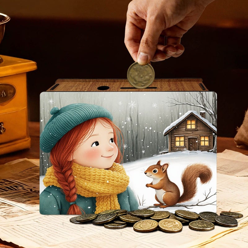 Decorated Handmade Wooden Penny Bank with Winter Snow Girl And Squirrel Design For Home Office Use 1pc - Image 4