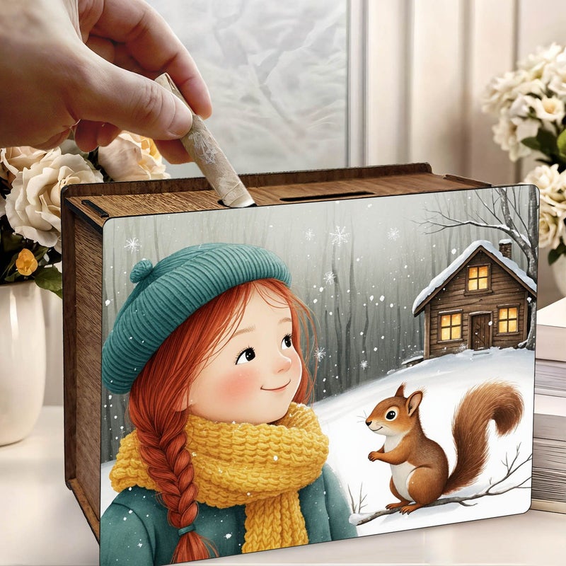 Decorated Handmade Wooden Penny Bank with Winter Snow Girl And Squirrel Design For Home Office Use 1pc - Image 5