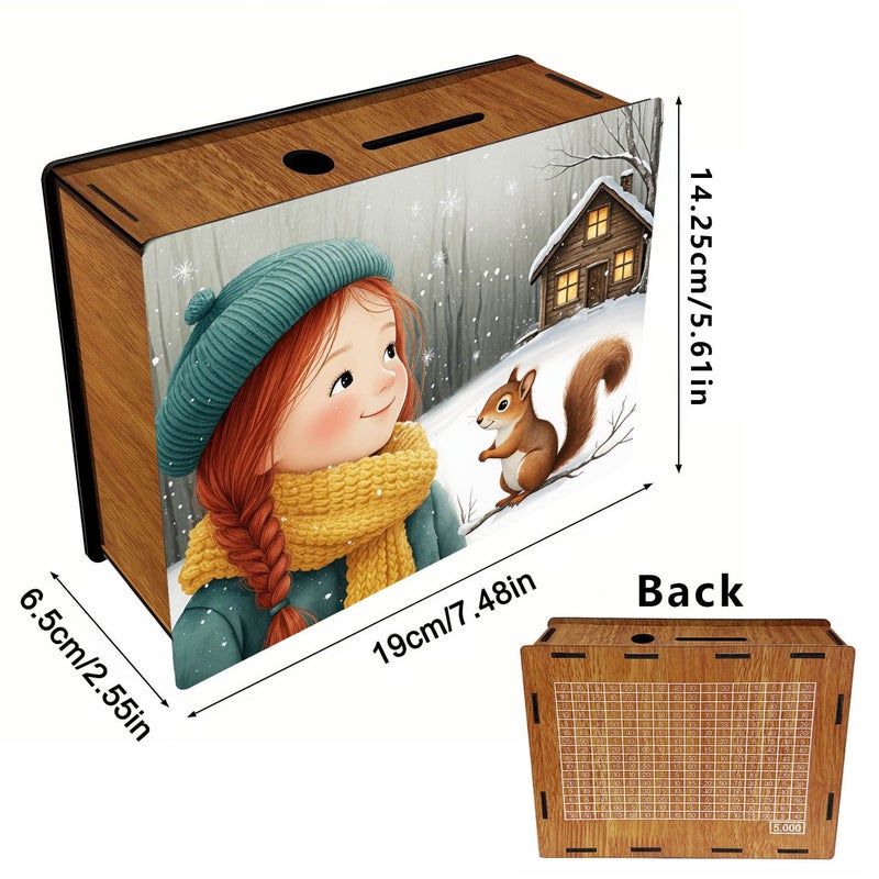Decorated Handmade Wooden Penny Bank with Winter Snow Girl And Squirrel Design For Home Office Use 1pc - Image 3
