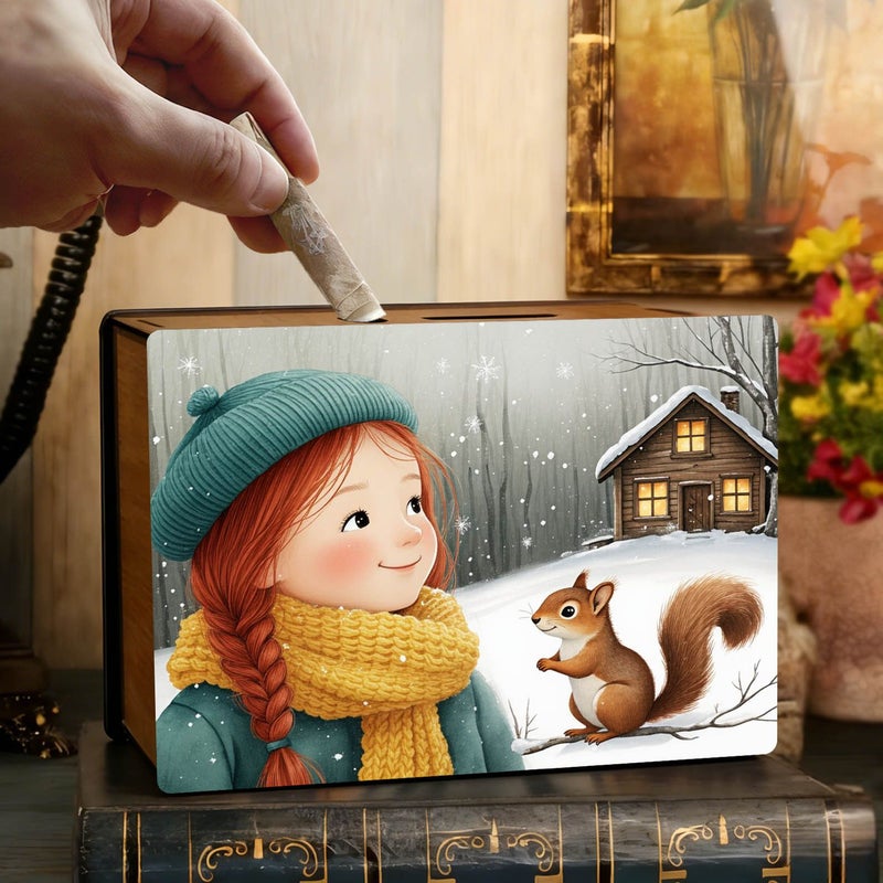 Decorated Handmade Wooden Penny Bank with Winter Snow Girl And Squirrel Design For Home Office Use 1pc - Image 1