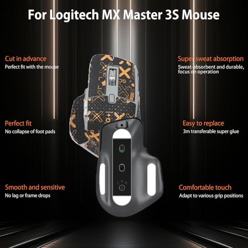 NOUKAJU Mouse Grip Tape for Logitech MX Master 3S, Rounded Curved Edges Mouse Feet Skates,Self-Adhesive PreCut Sweat-Resistant Professional Mice Upgrade Kit(Foot pad + Black-Gold Mouse Tape) - Image 2