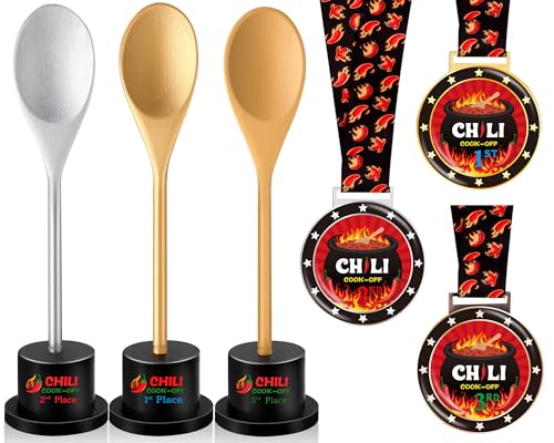 Misdary 6 Pcs Chili Cook Off Prizes Set Chili Trophies and Chili Cook Off Medals Chili Cook Off Decorations Available 1st 2nd 3rd Place Trophy Set for Chili Cook Off Gifts Supplies Events (Spoon) - Image 1