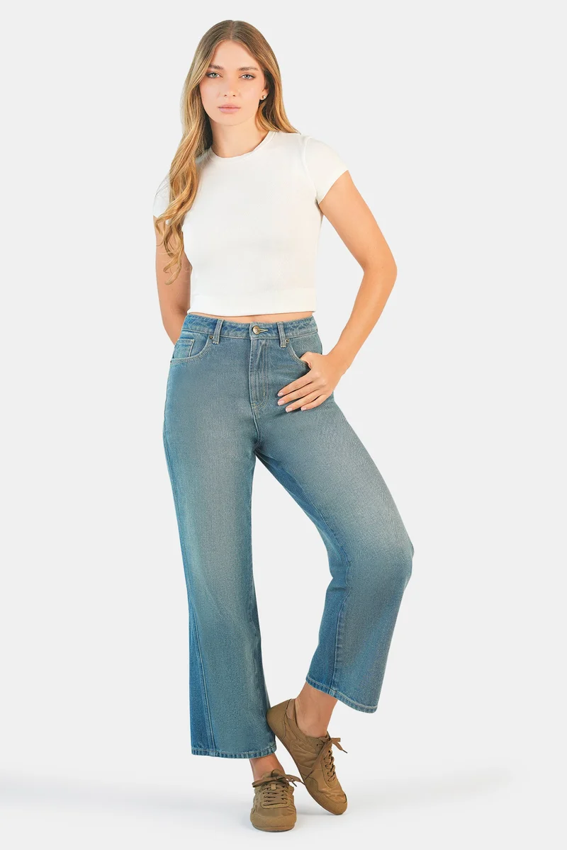 فيرجيو Solid Cotton Denim Straight Pants for Women