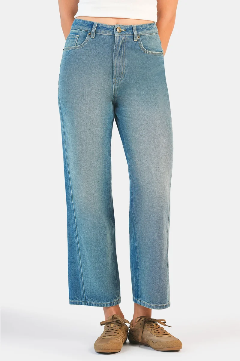 فيرجيو Solid Cotton Denim Straight Pants for Women