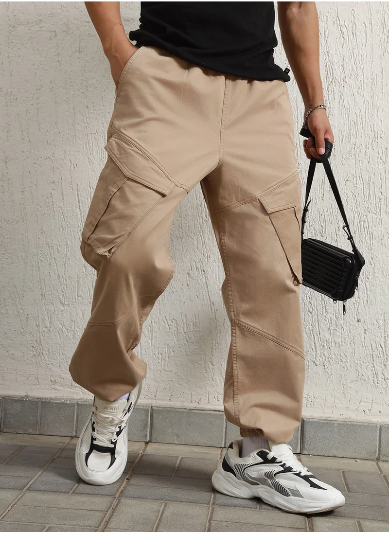 Hubberholme Relaxed Fit Taupe Cargo Trousers for Men, Mid Rise