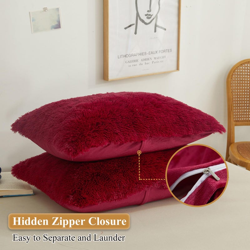 XeGe Faux Fur Fluffy Pillow Cases  Plush Shaggy Ultra Soft Furry Pillow Shams  Crystal Velvet Fuzzy Pillow Covers  Decorative Pillowcases for Bed Couch Sofa Zipper Closure  Set of 2 (King  Red) - Image 3