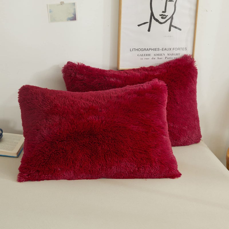 XeGe Faux Fur Fluffy Pillow Cases  Plush Shaggy Ultra Soft Furry Pillow Shams  Crystal Velvet Fuzzy Pillow Covers  Decorative Pillowcases for Bed Couch Sofa Zipper Closure  Set of 2 (King  Red) - Image 1